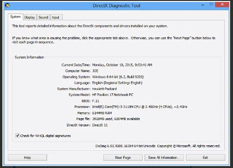  DirectX Diagnostic tool window display 
