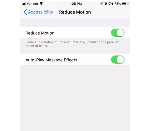 iPhone Accessibility Reduce Motion settings
