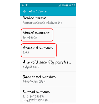 Samsung Galaxy S5 model number and Android version