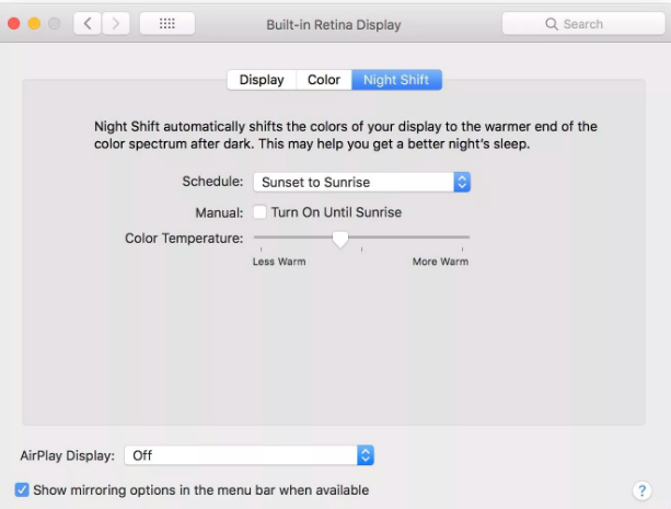 Set up Macos night shift feature